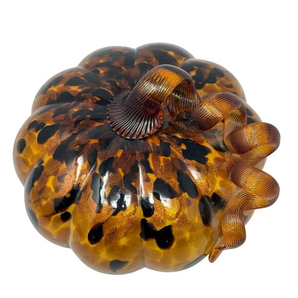 Art Glass Pumpkin Amber Orange Leopard Spot Ribbon Stem Shimmer 7 Inch - Picture 2 of 9